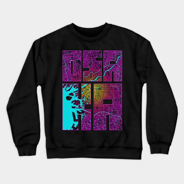 Osaka, Japan City Map Typography - Neon Crewneck Sweatshirt by deMAP Studio